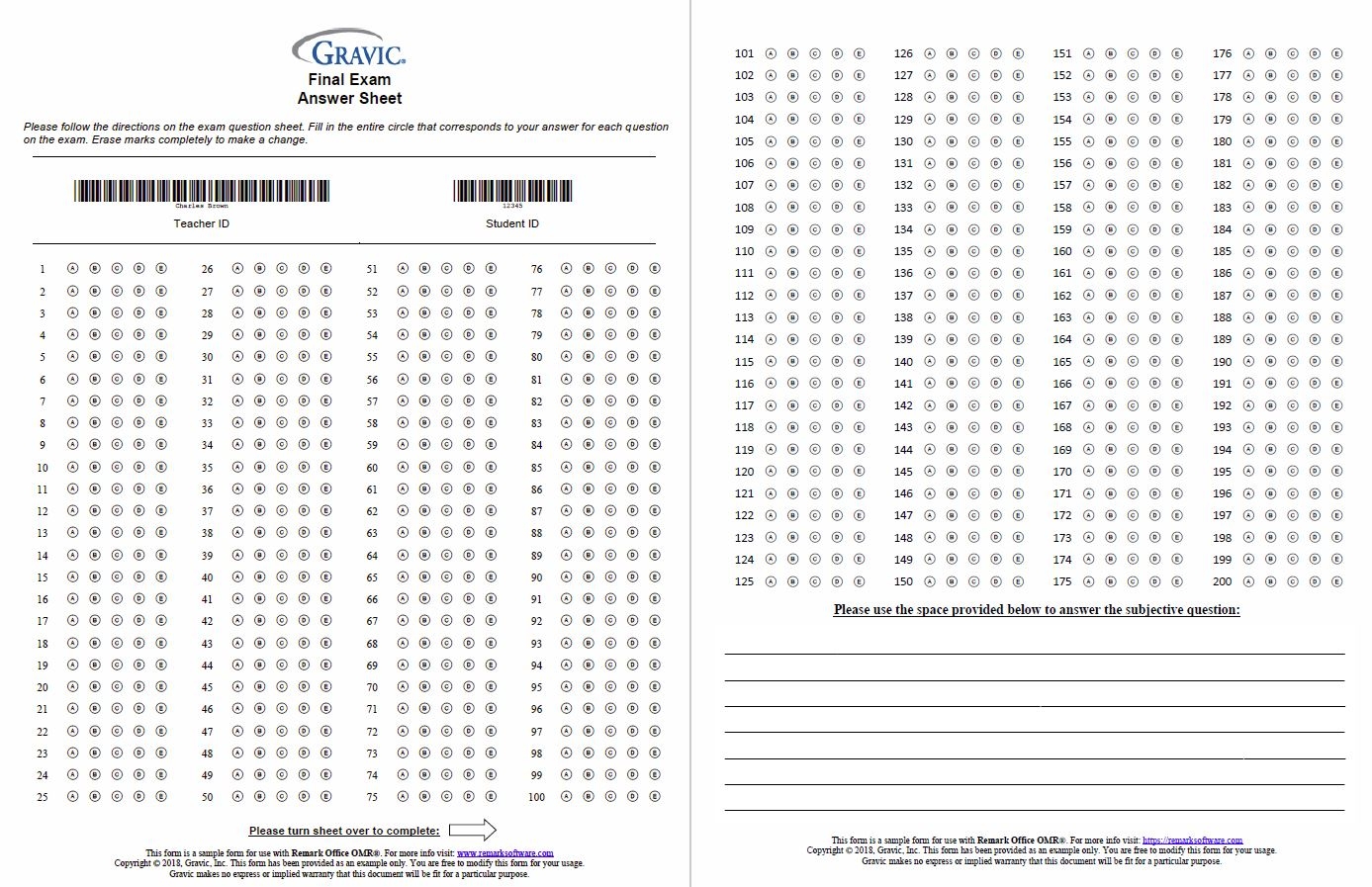 Printable Answer Sheet Pdf