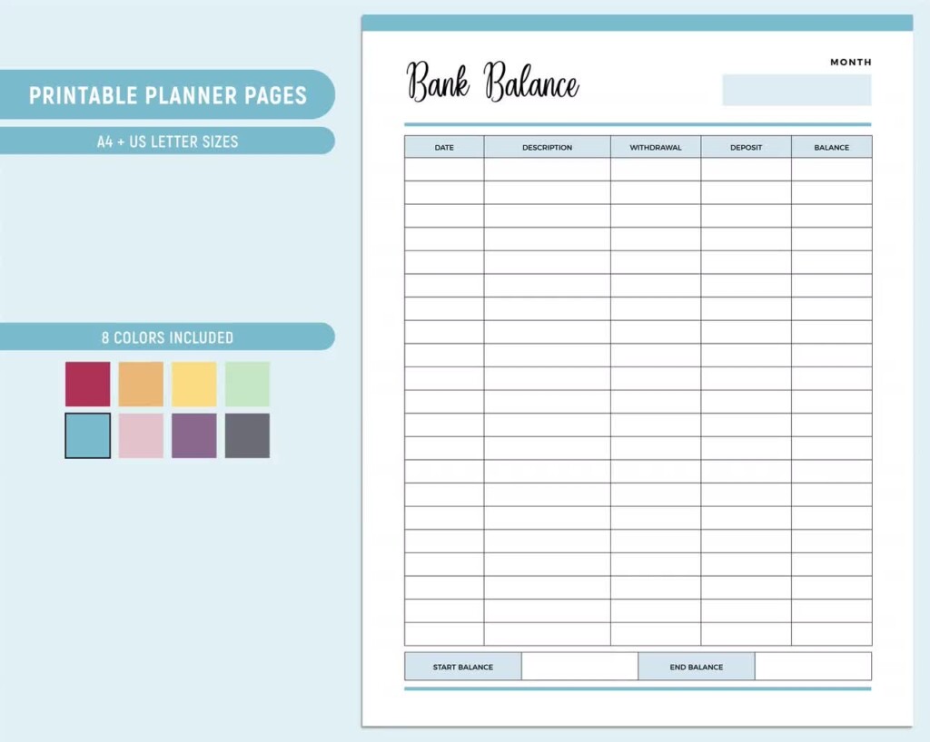 Printable Bank Balance Sheet Savings Tracker Banking Record Finance 