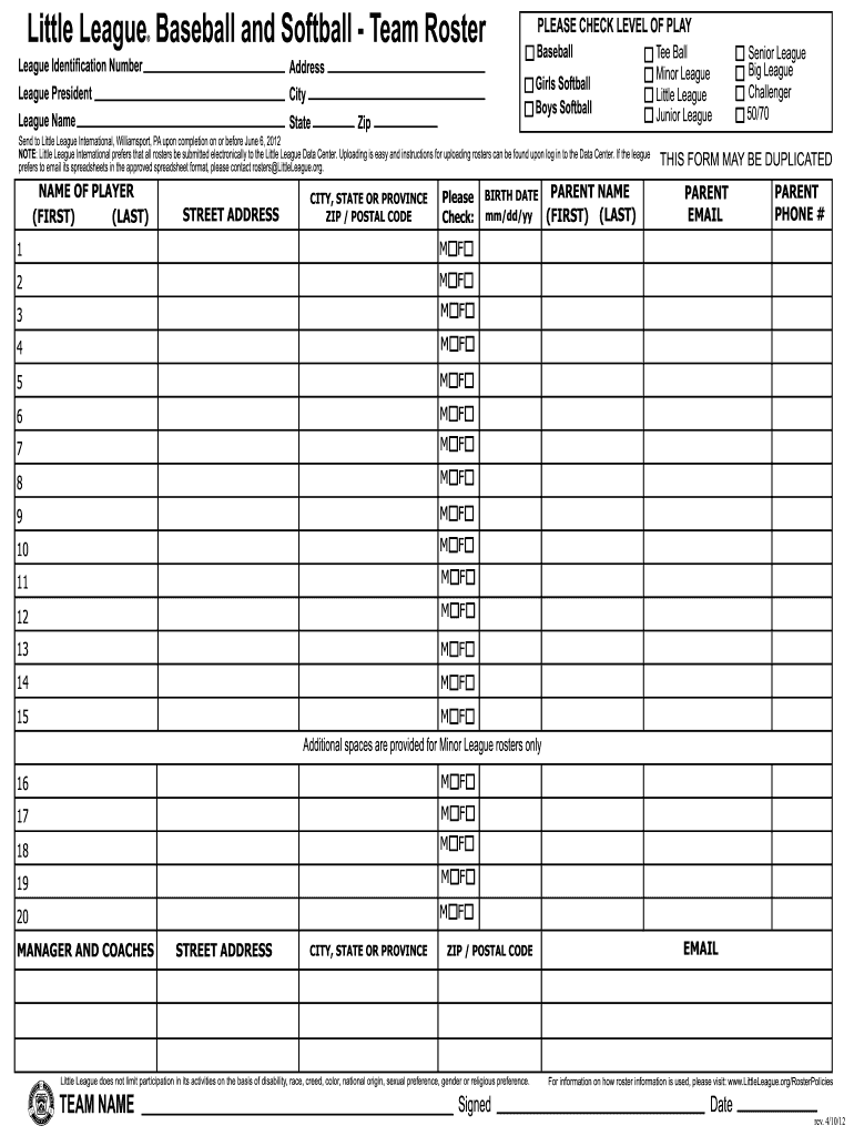 Printable Baseball Roster Form Printable Forms Free Online