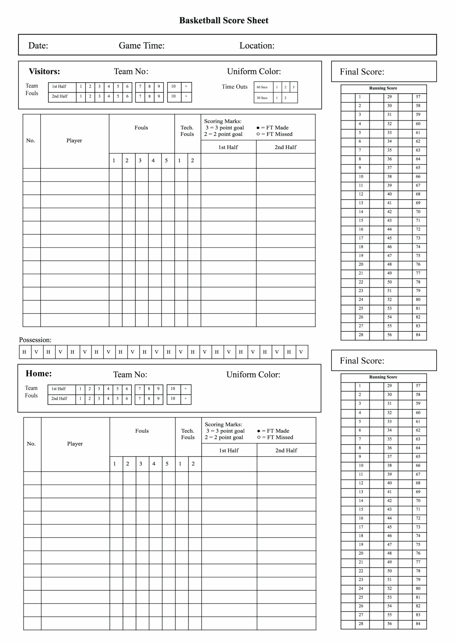 Printable Basketball Scoring Sheet Printable New Year Banners