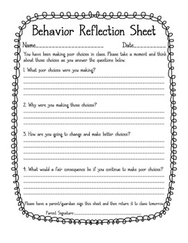 Printable Behavior Reflection Sheets