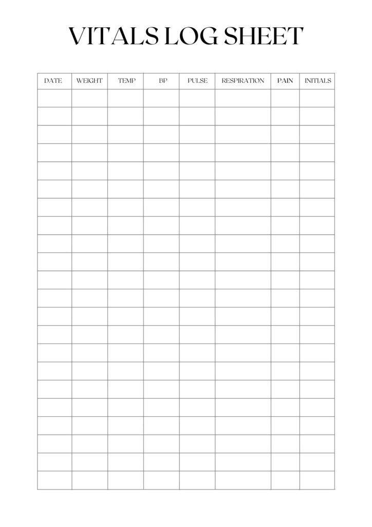 Printable Blank Vitals Log Sheet Template PDF Vital Signs Chart 