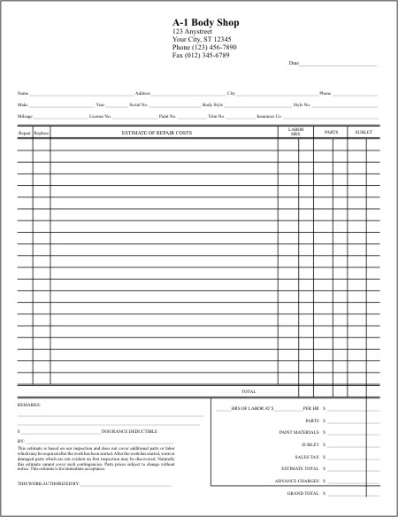 Printable Body Shop Estimate Form Printable Form 2024
