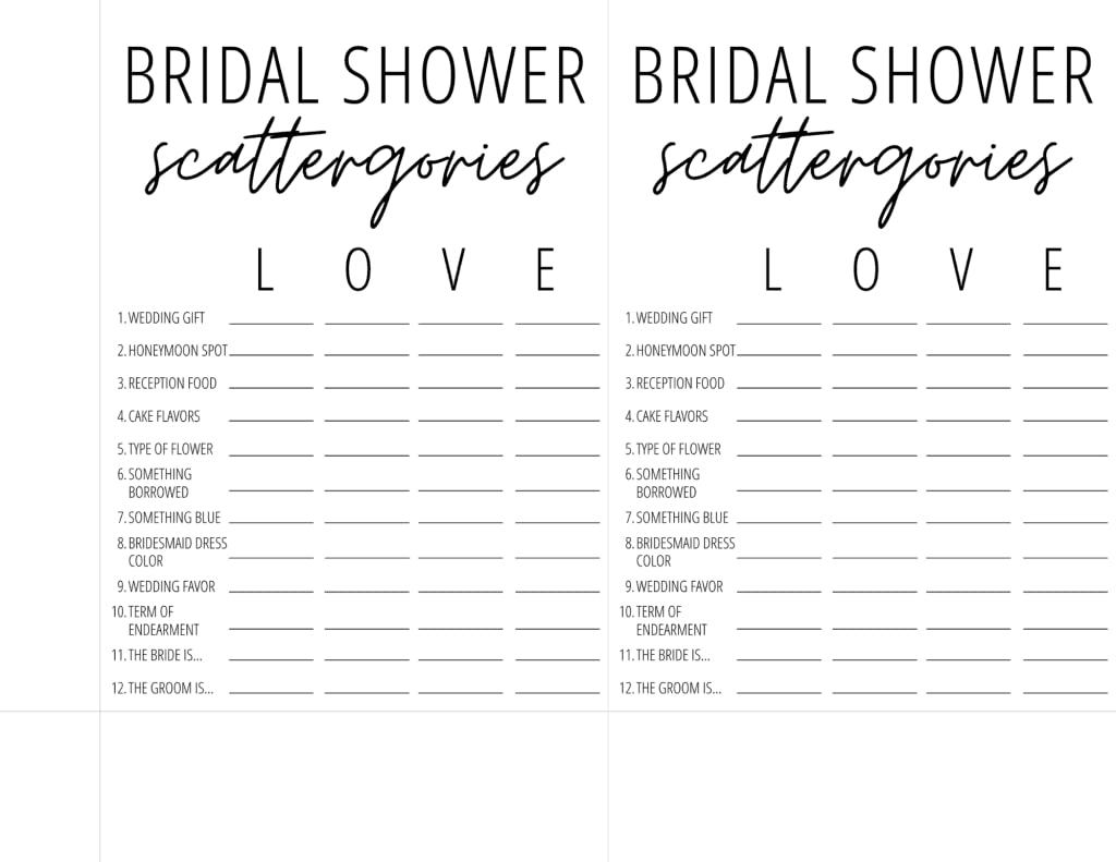 Printable Bridal Scattergories Sheets Printable JD