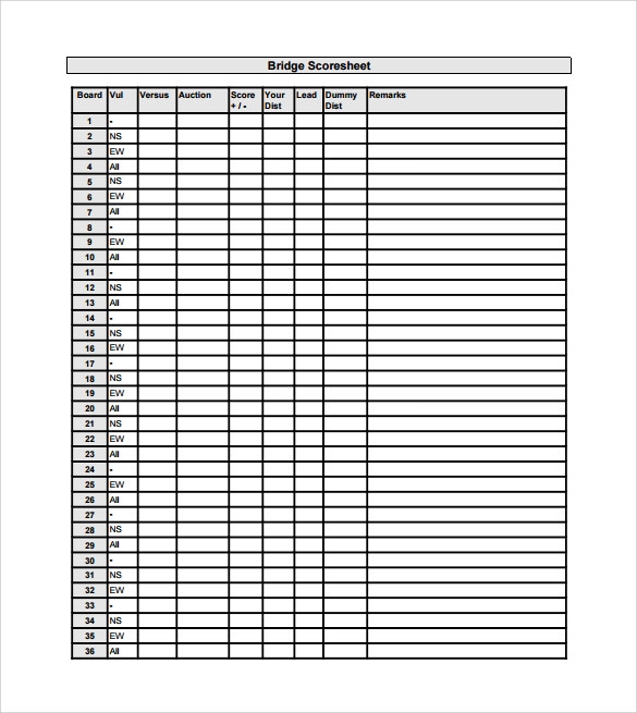 Printable Bridge Score Sheets Template