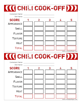 Printable Chili Cook Off Score Card