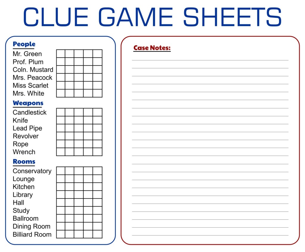 Printable Classic Clue Game Sheets Free Printable Templates