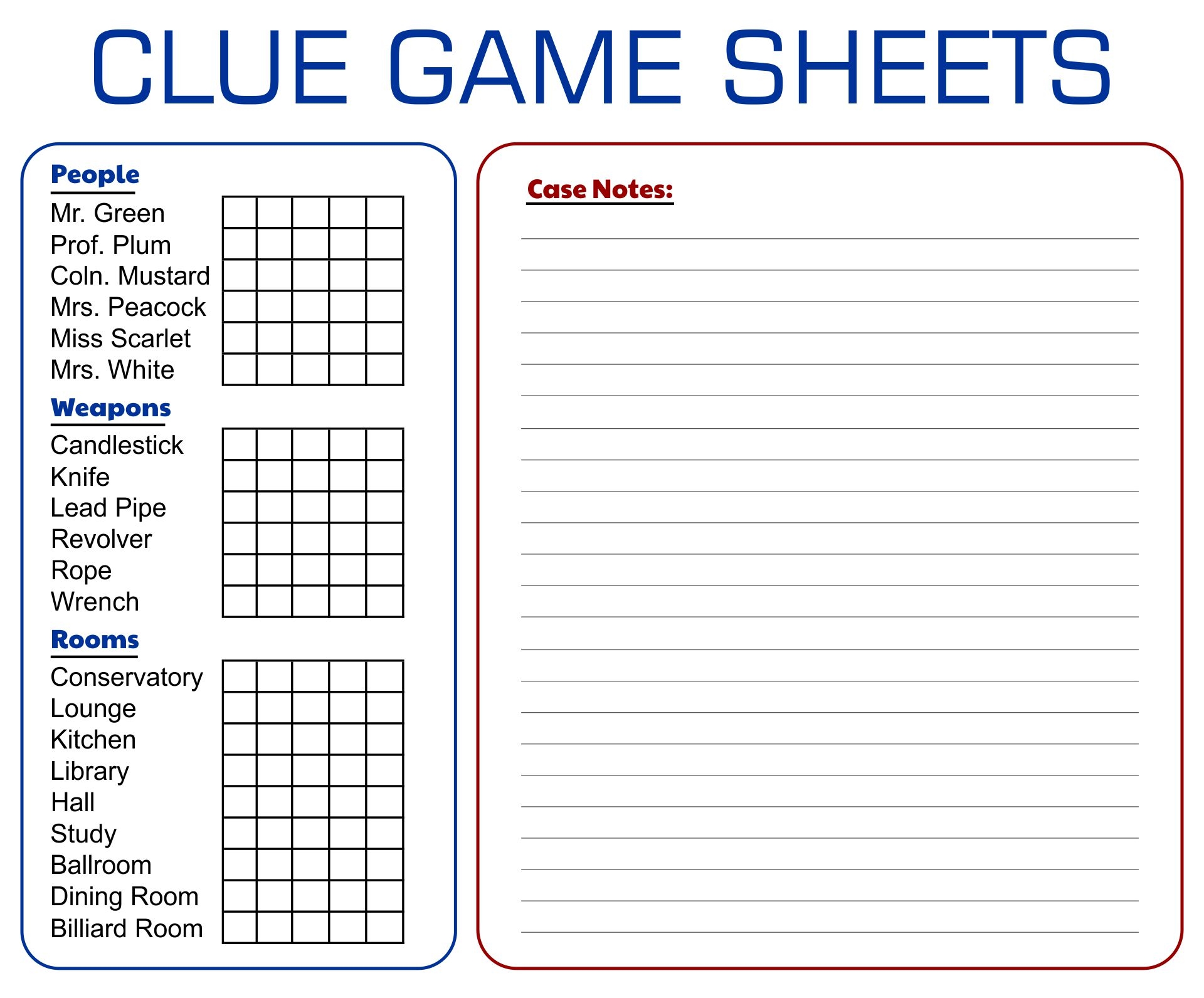 Printable Classic Clue Game Sheets Free Printable Templates