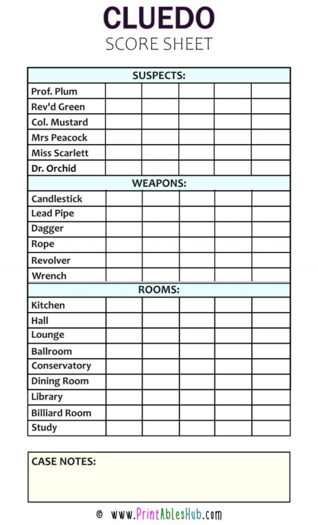 Printable Clue Score Sheet