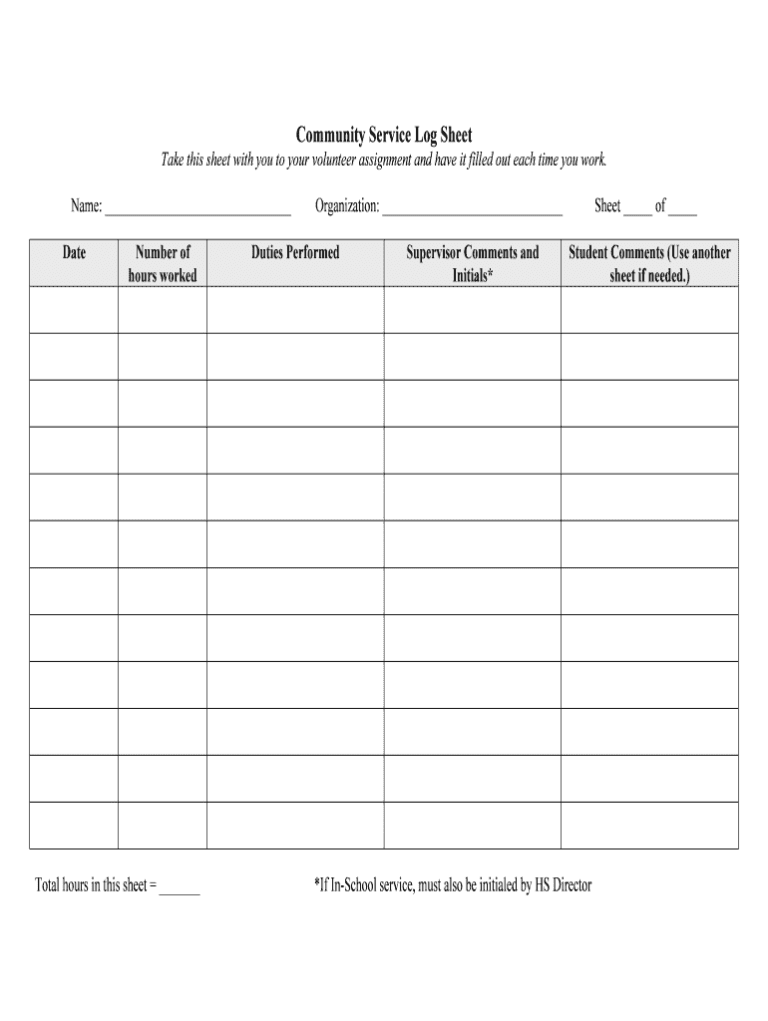 Printable Community Service Hours Sheet