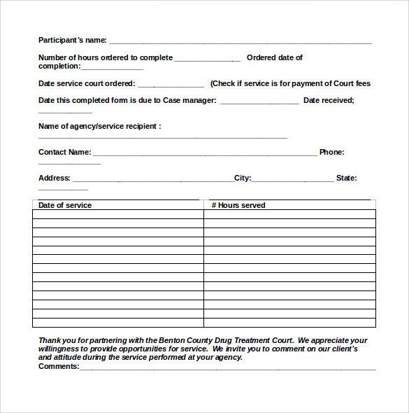 Printable Court Ordered Community Service Hours Log Sheet Printable