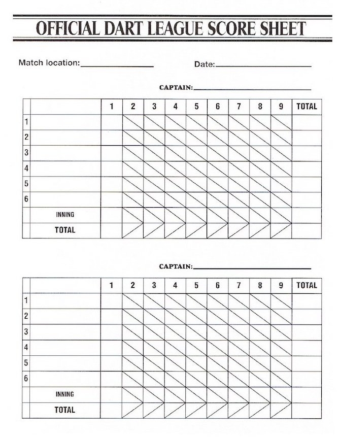 Printable Dart Score Sheet