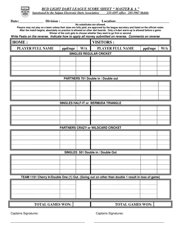 Printable Dart Score Sheet