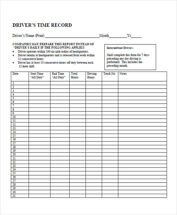 Printable Driver Daily Log Sheet Template