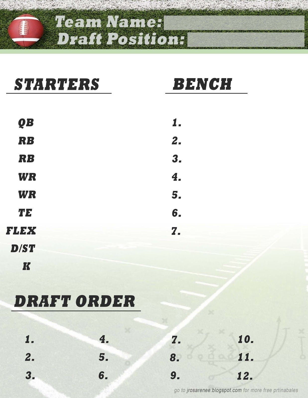 Printable Fantasy Roster Sheet
