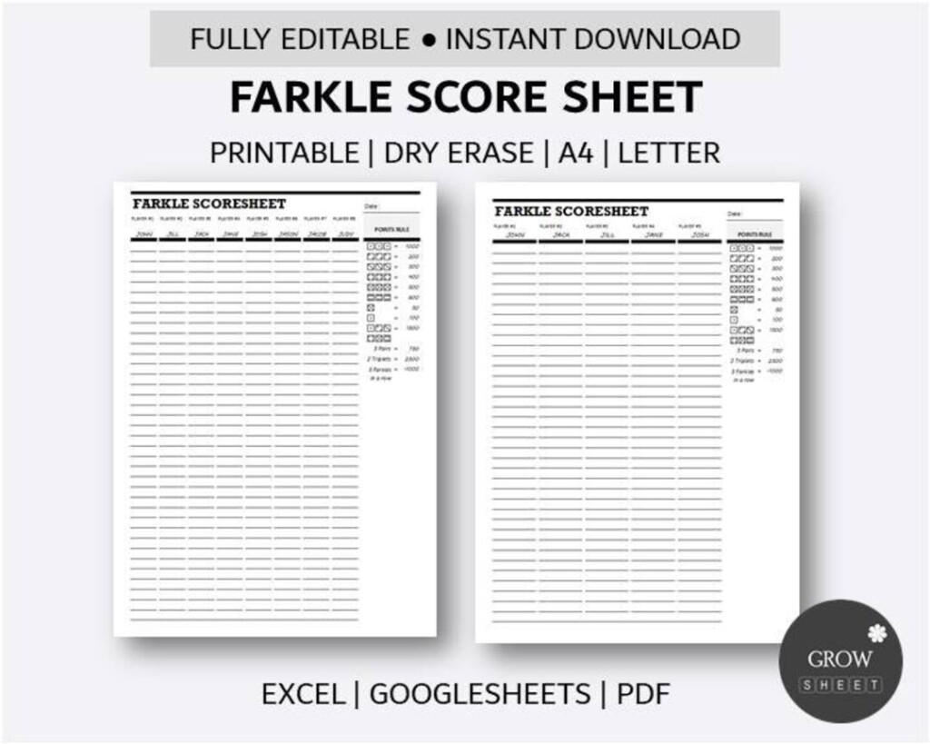 Printable Farkle Score Sheet Fully Editable Dice Score Card Templates 