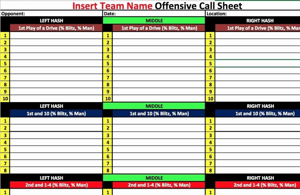Printable Football Play Call Sheet Template Free Content Calendar 
