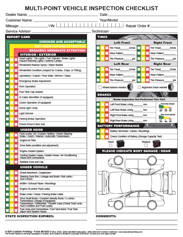 Printable Free Multi Point Vehicle Inspection Form Printable Forms 