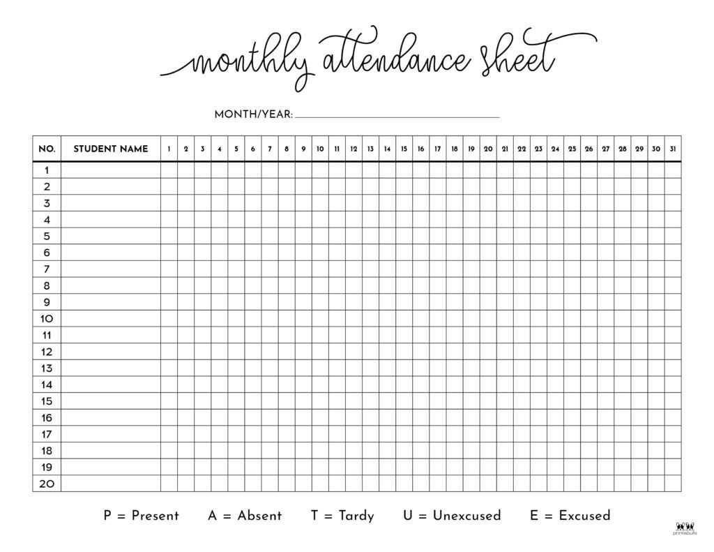 Printable Monthly School Attendance Sheet 1 Attendance Sheet