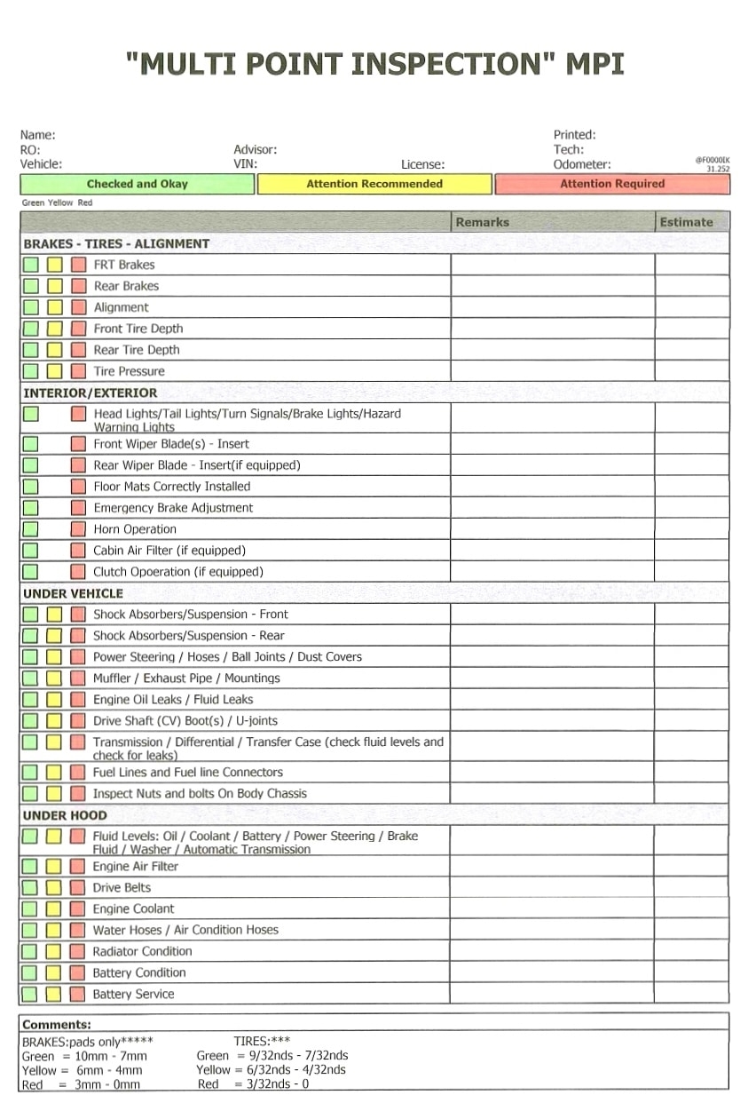 Printable Multi Point Vehicle Inspection Form Pdf Printable Forms