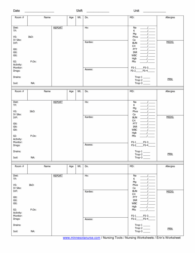 Printable Nursing Report Sheet Multiple Patients