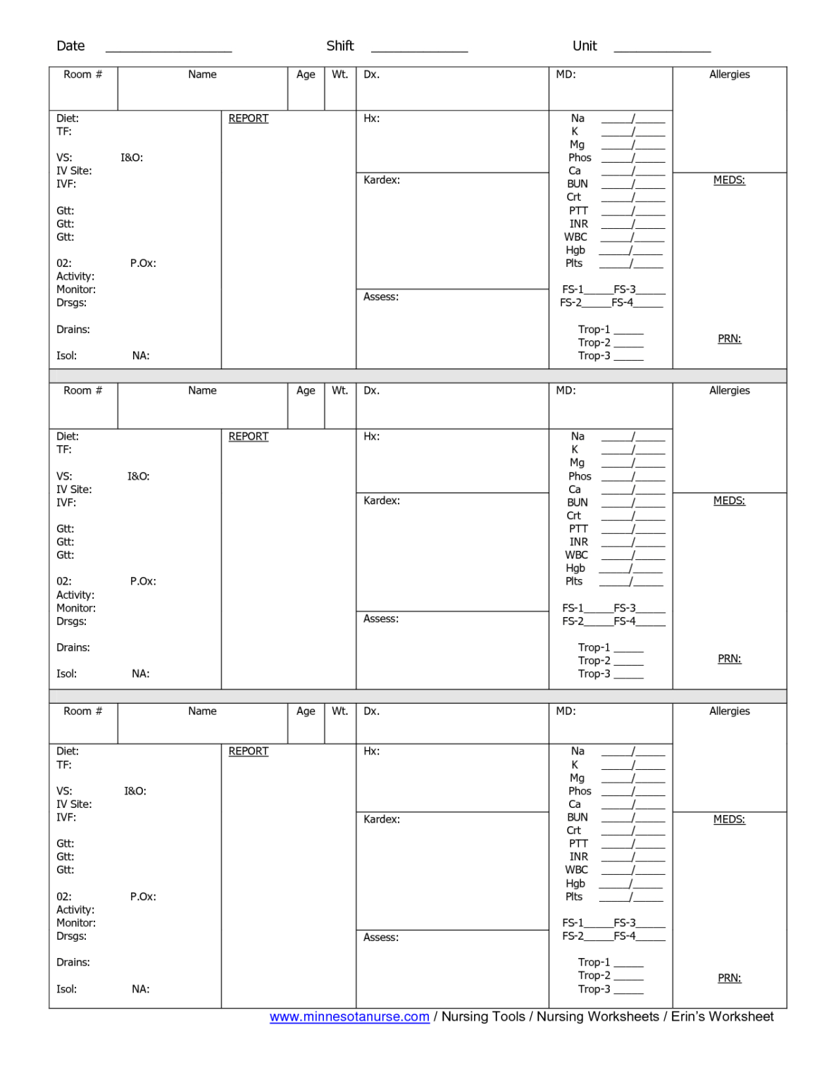 Printable Nursing Report Sheet Multiple Patients
