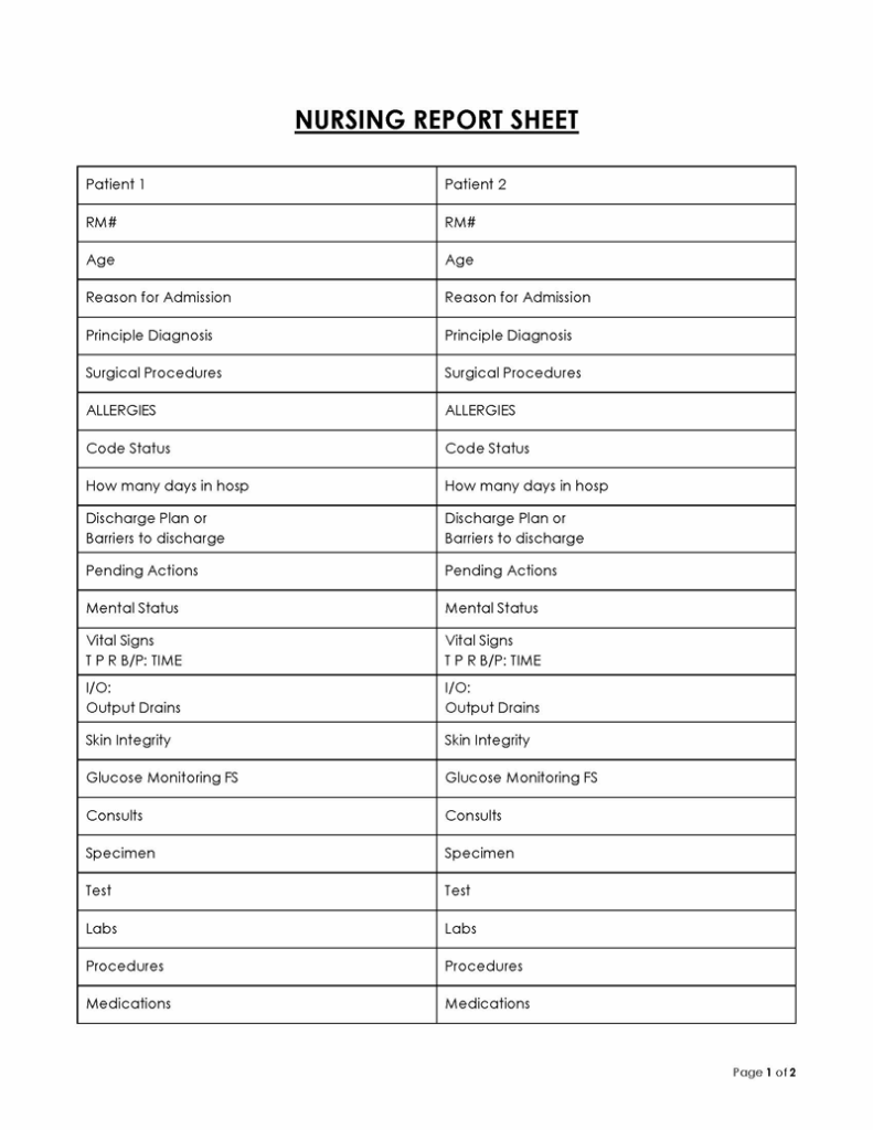 Printable Nursing Report Sheet Multiple Patients Printable Free Templates