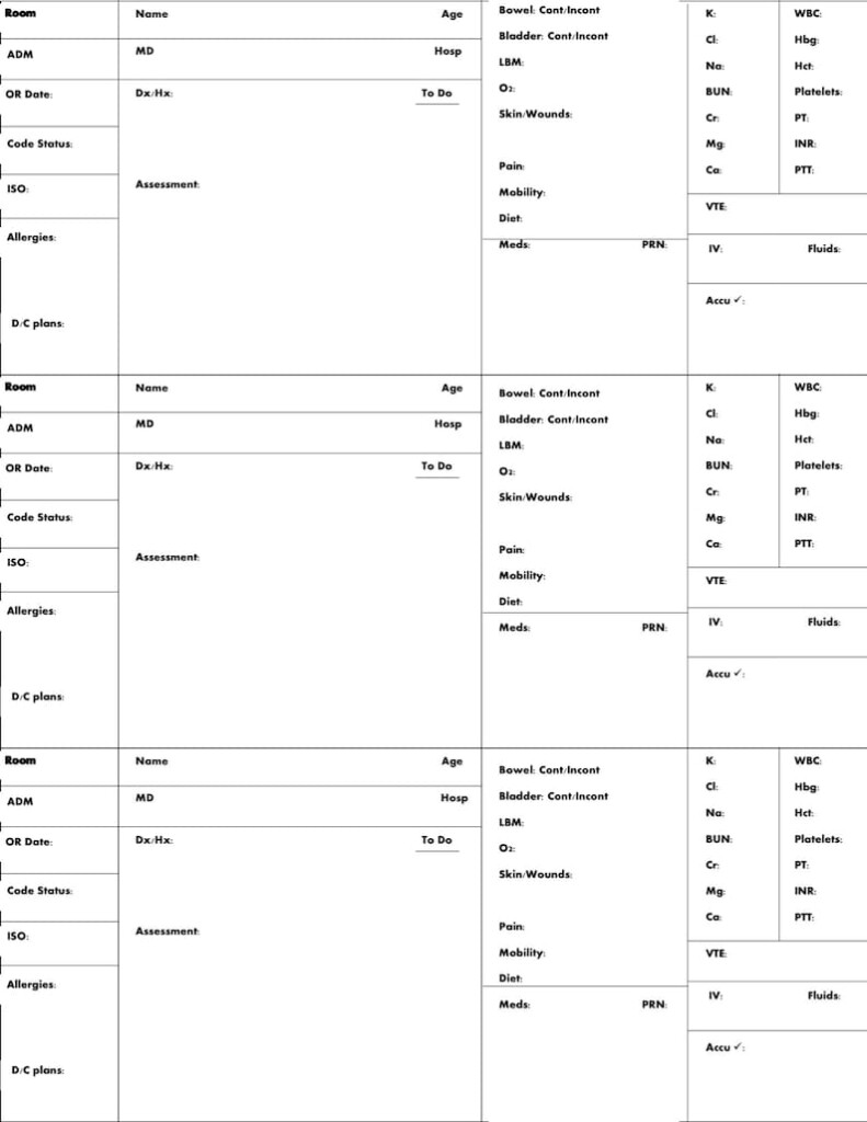 Printable Nursing Report Sheet Printable Calendar