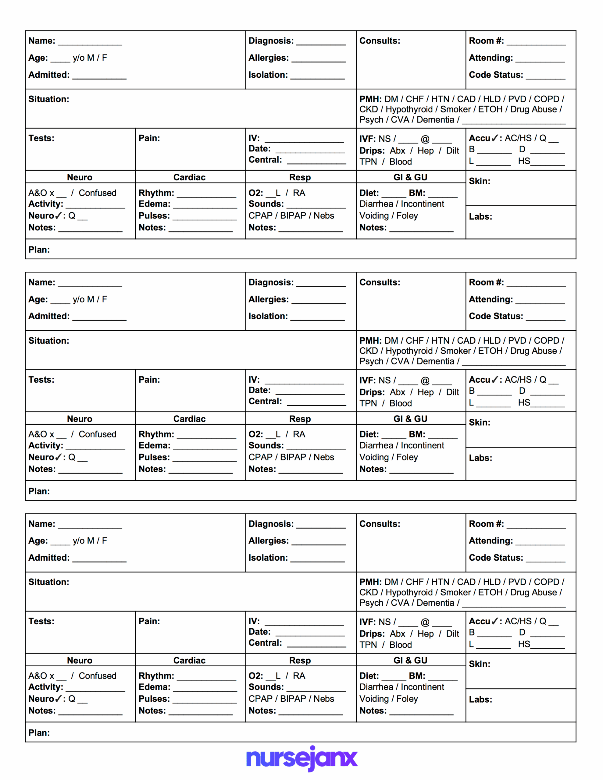 Printable Nursing Report Sheets Invitation Templates Nursing