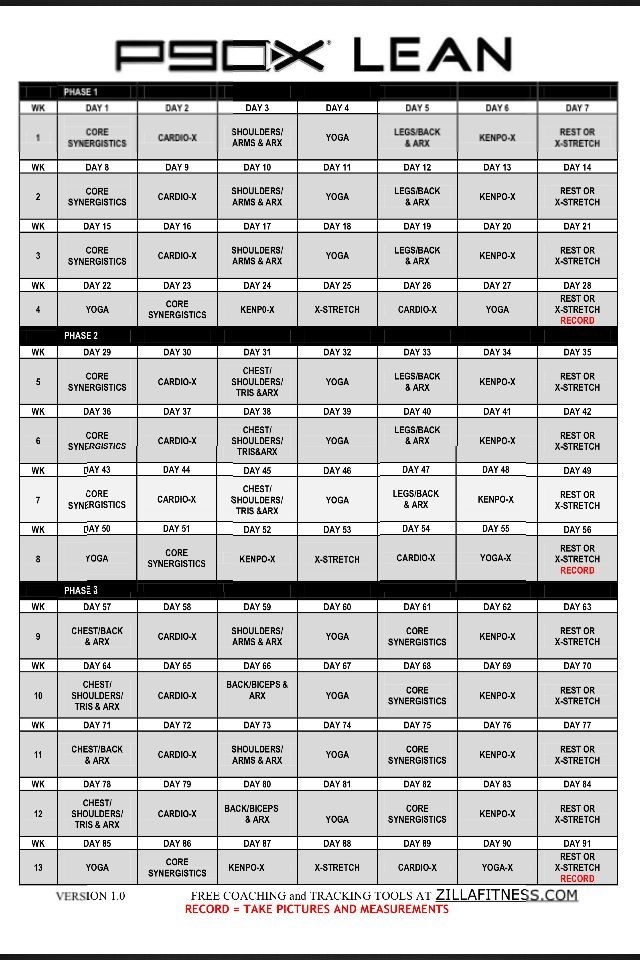 Printable P90x Workout Schedule Sheets