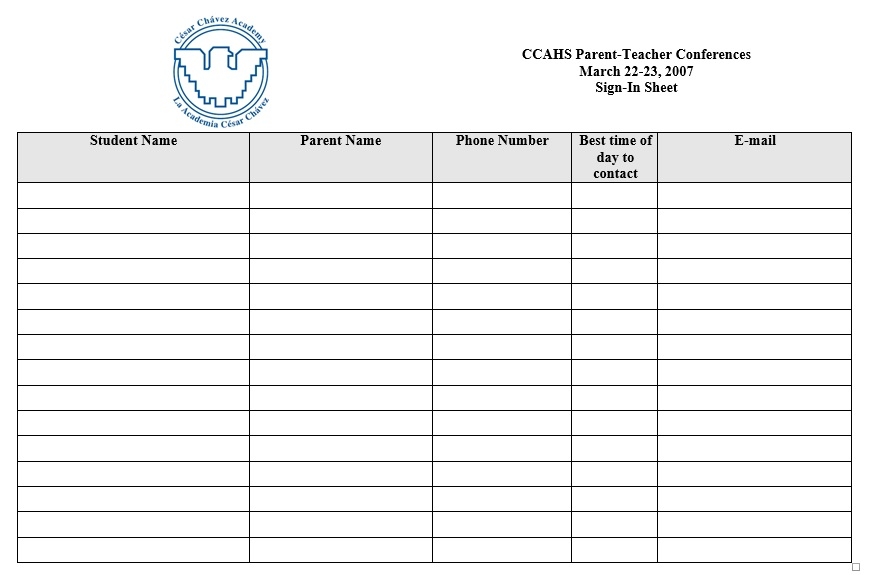 Printable Parent Sign In Sheet