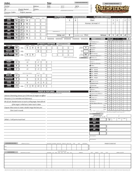 Printable Pathfinder Character Sheet Printable Calendar