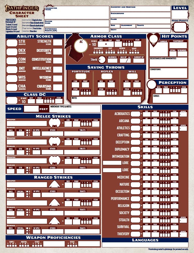 Printable Pathfinder Character Sheets