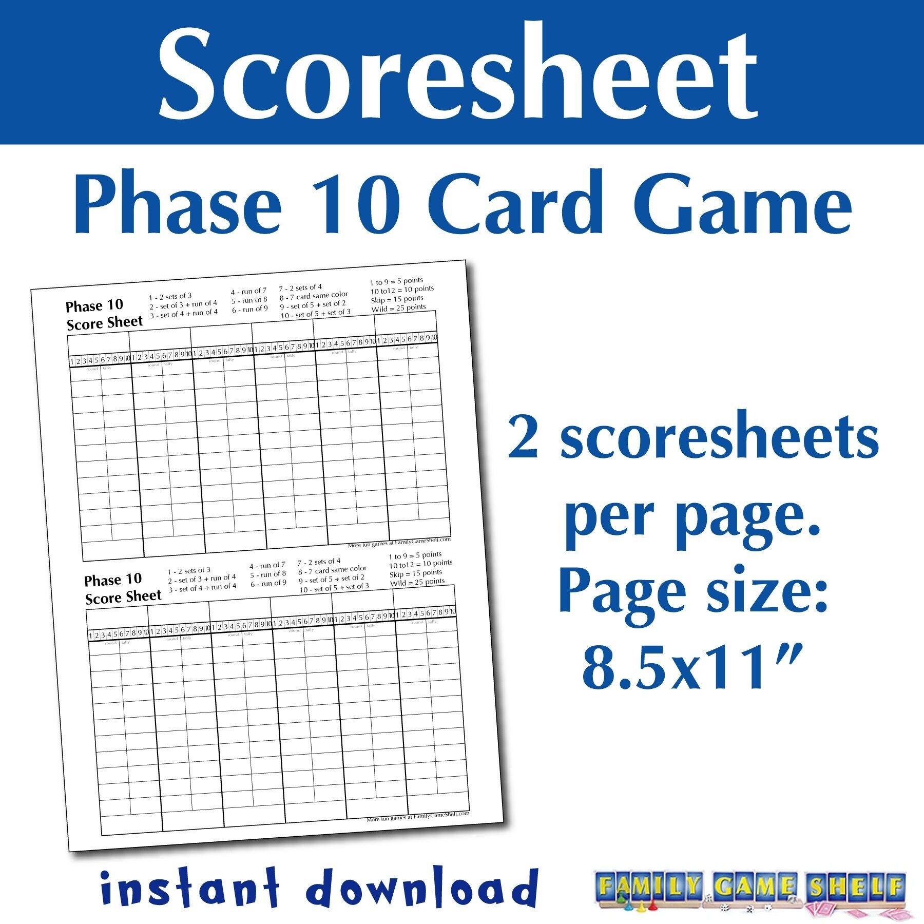 Printable Phase 10 Card Game Score Sheet Phase Ten Scoresheet Phase