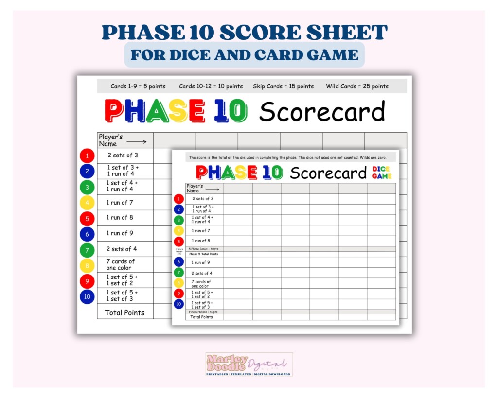 Printable Phase 10 Score Sheets For Phase 10 Card Game And Phase 10 