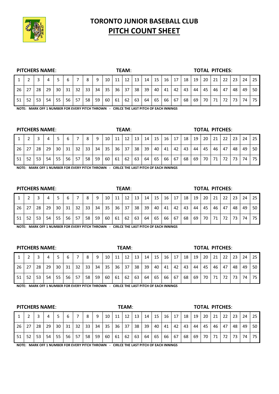 Printable Pitch Count Sheet