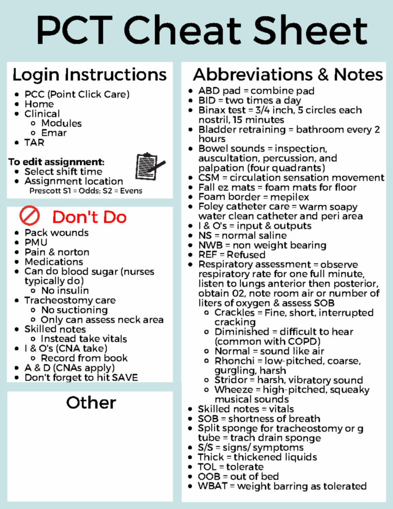 Printable Point Click Care Cheat Sheet
