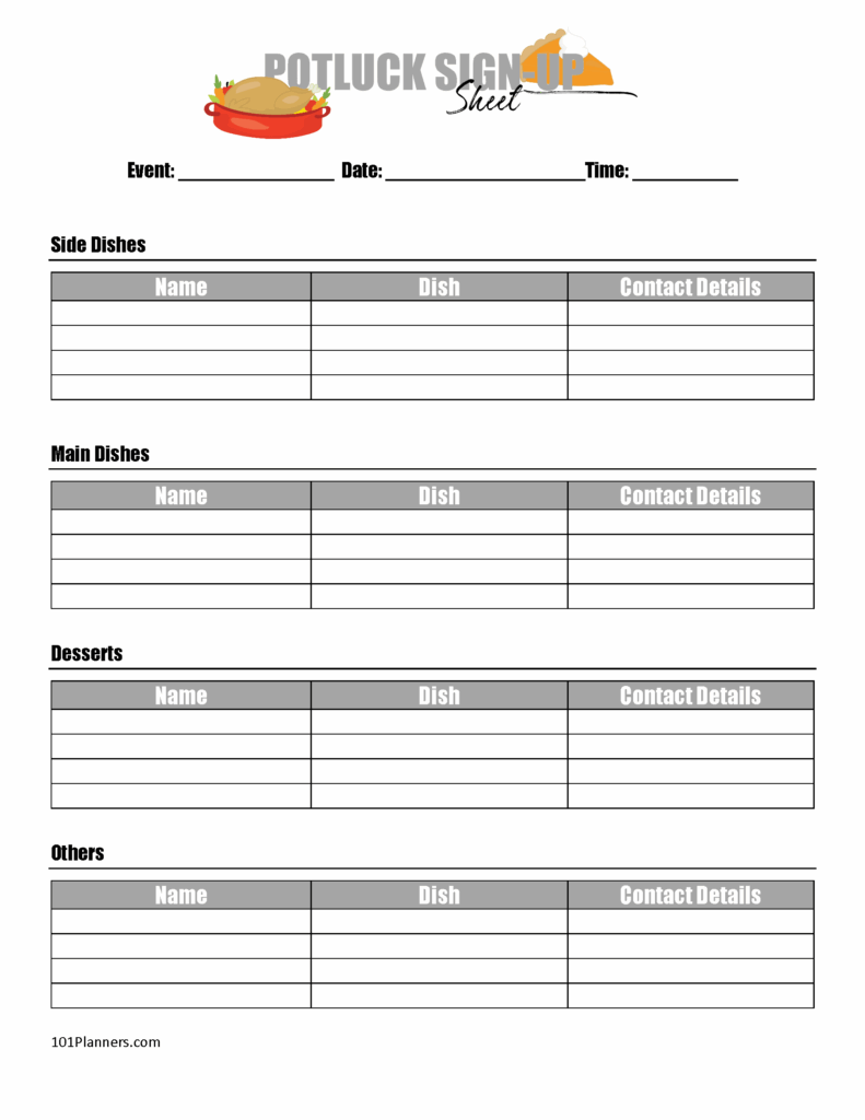 Printable Potluck Sign Up Sheet