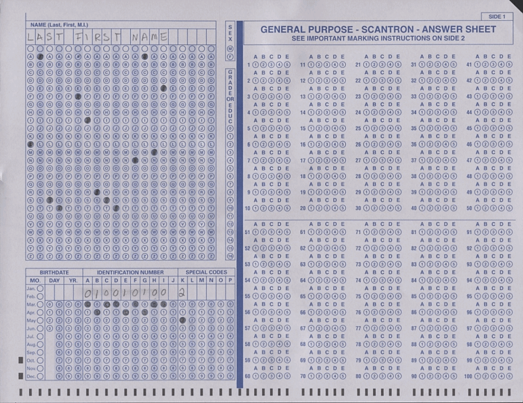 Printable Scantron Sheet