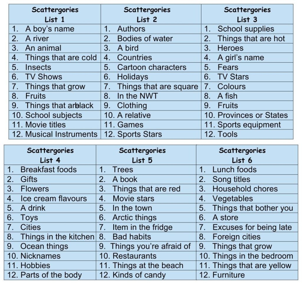 Printable Scattergories Sheets Printable JD