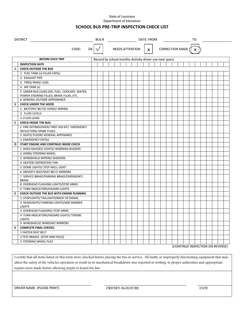 Printable School Bus Pre Trip Inspection Sheet