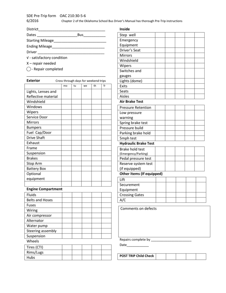 Printable School Bus Pre Trip Inspection Sheet