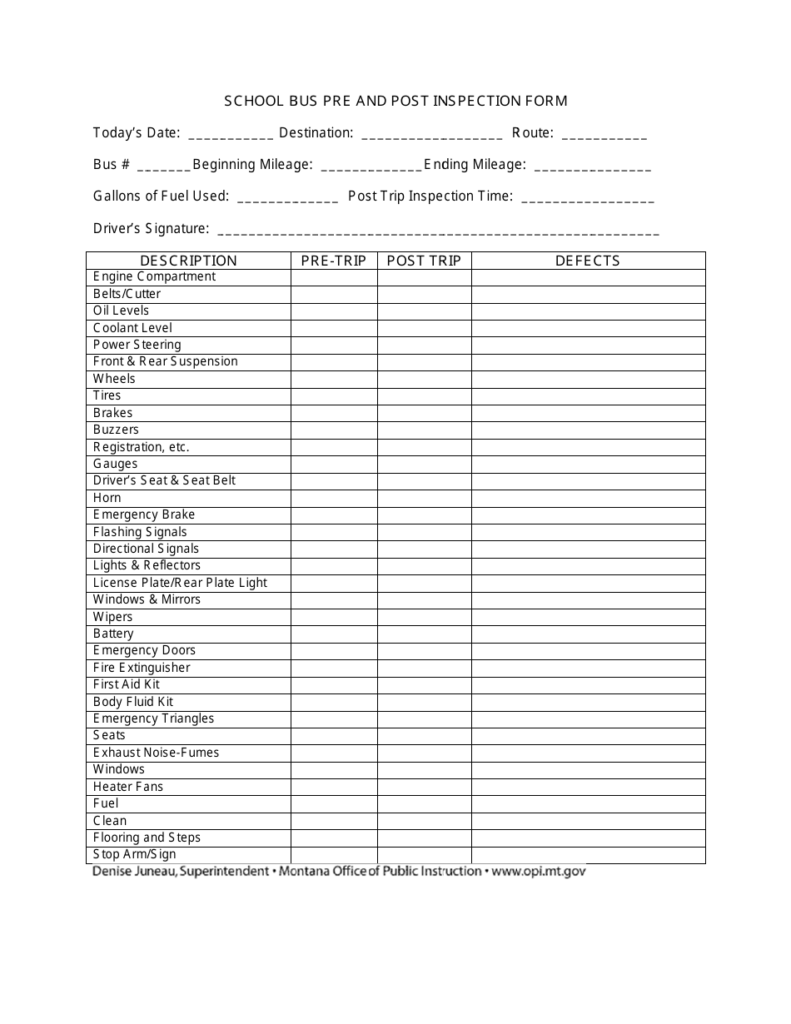 Printable School Bus Pre Trip Inspection Sheet