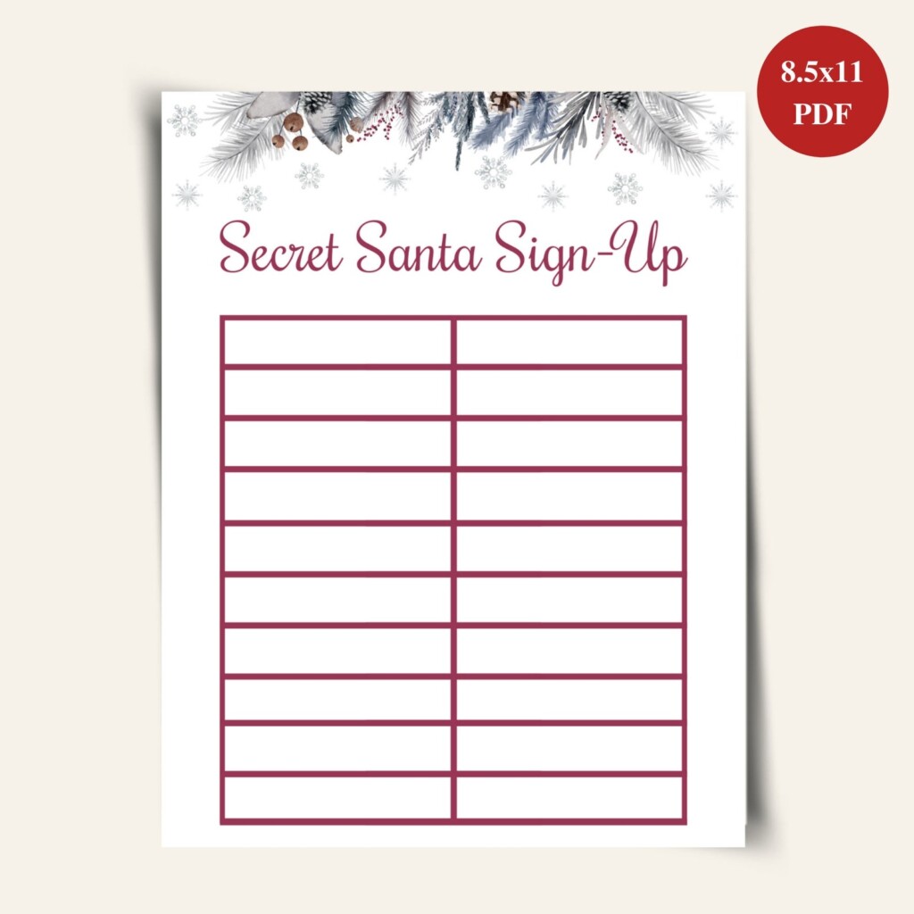 Printable Secret Santa Sign Up Sheet Christmas Gift Exchange Sign Up 