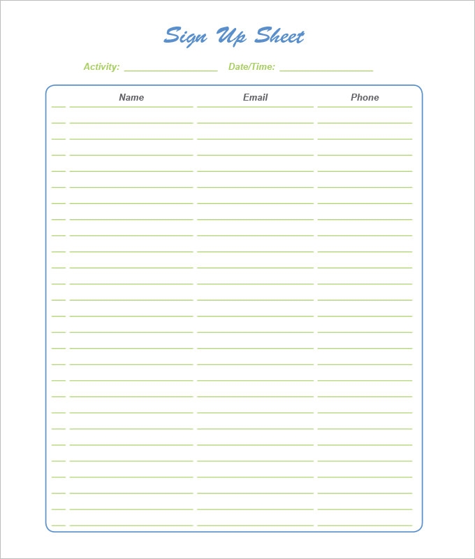 Printable Snack Sign Up Sheet