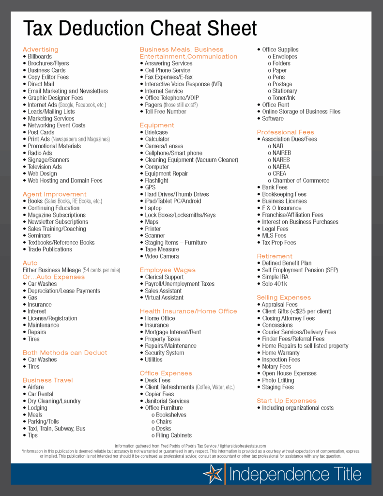 Printable Tax Deduction Cheat Sheet