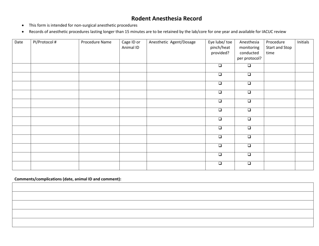 Printable Veterinary Anesthesia Monitoring Sheet