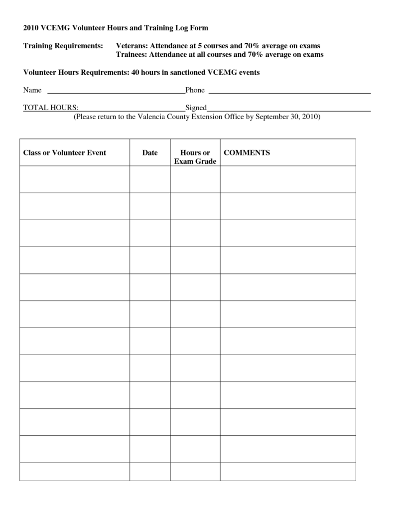 Printable Volunteer Hours Log Sheet