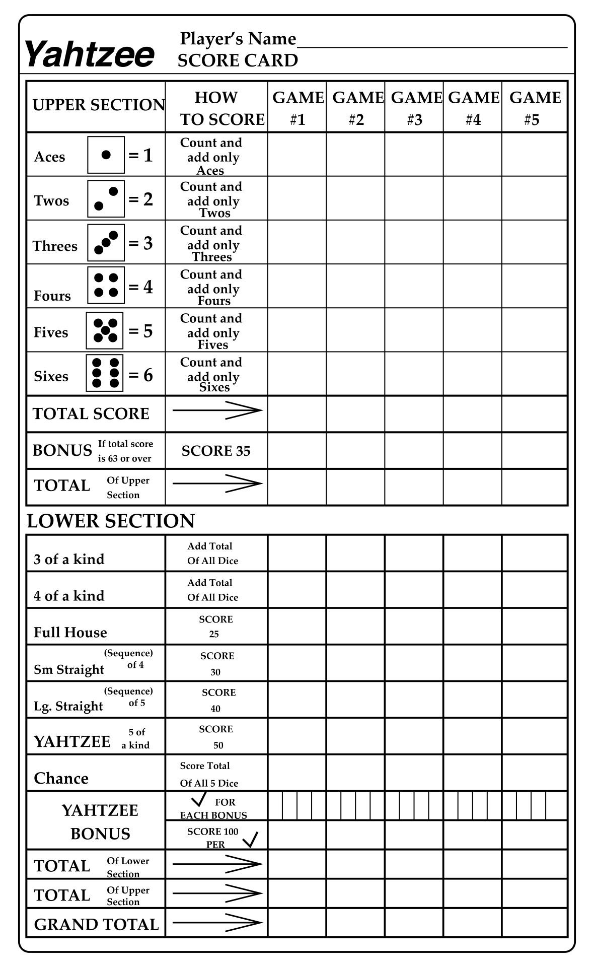 Printable Yahtzee Score Sheet Printable New Year Banners