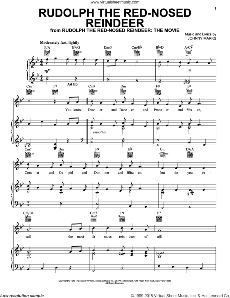 Rudolph The Red Nosed Reindeer Sheet Music For Voice Piano Or Guitar 